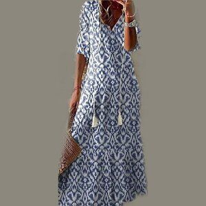 Blue & White Boho Maxi Dress - XL